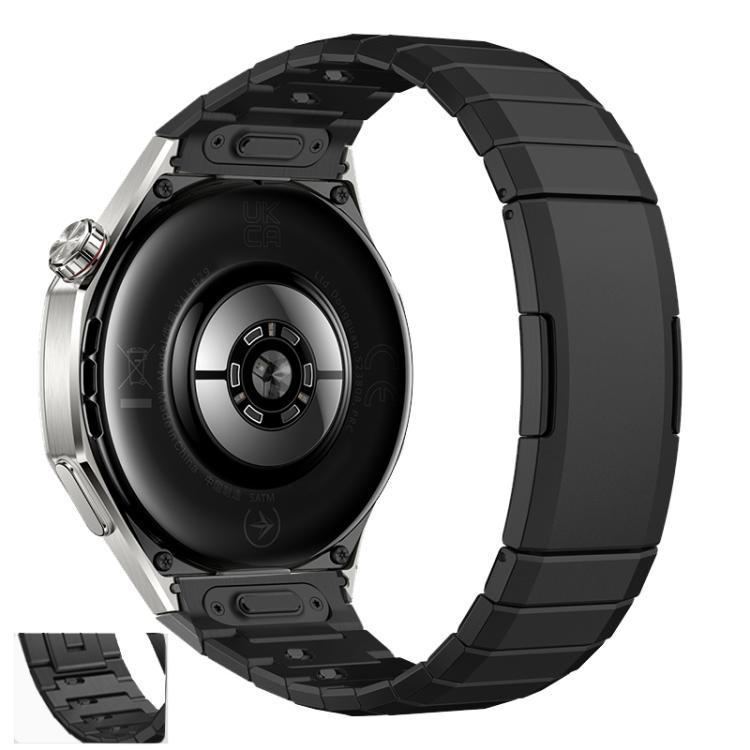 Black titanium alloy watch band on a smartwatch, with segmented links and quick-release connectors.