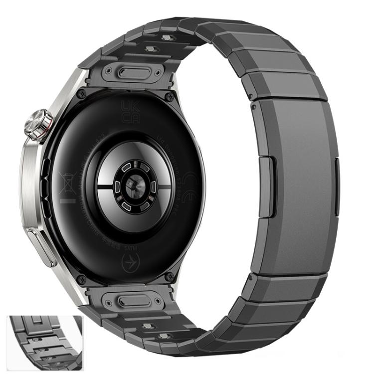 Dark gray titanium alloy watch band on a smartwatch, with segmented links and quick-release connectors.