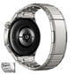 Silver titanium alloy watch band on a smartwatch, with segmented links and quick-release connectors.