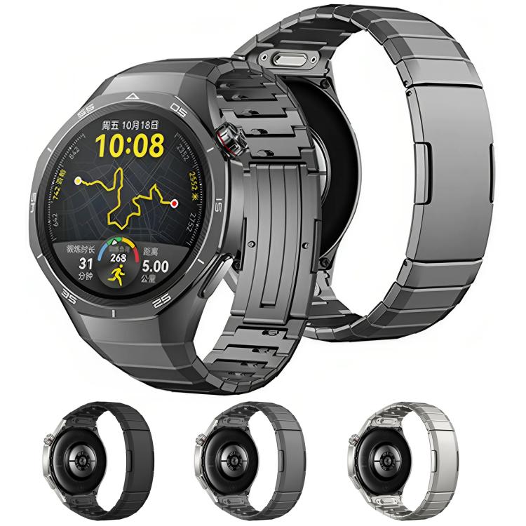 Titanium alloy watch band shown in dark and silver finishes on a smartwatch.