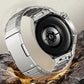 Silver titanium alloy watch band attached to a smartwatch, shown from the back.