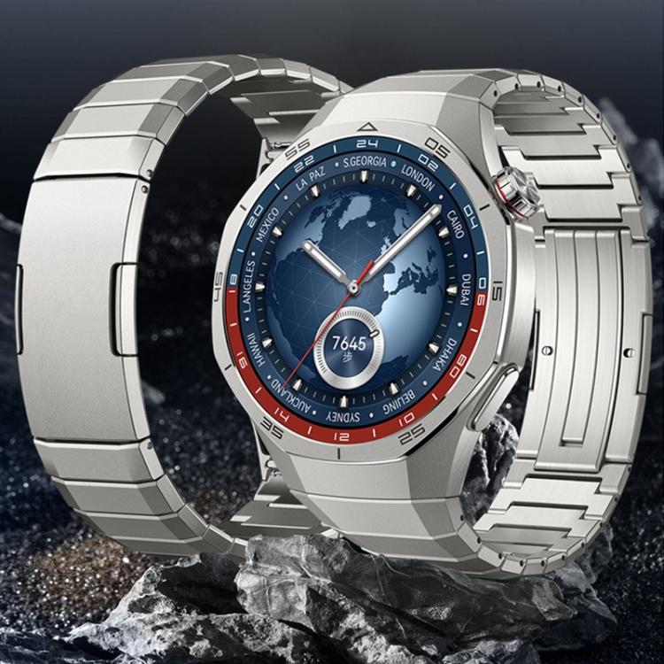 Silver segmented titanium alloy watch band shown on a smartwatch from the front and back.