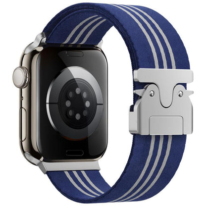 Blue and white three-stripe braided nylon watch band with metal buckle