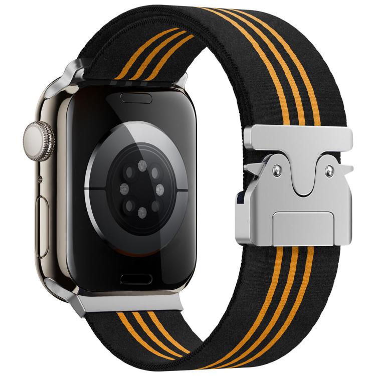 Black and orange three-stripe braided nylon watch band with metal buckle
