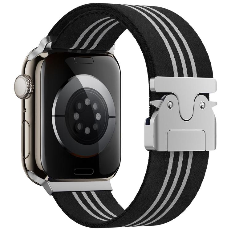 Black and white three-stripe braided nylon watch band with metal buckle