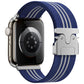 Blue and white three-stripe nylon watch band shown attached to a smartwatch