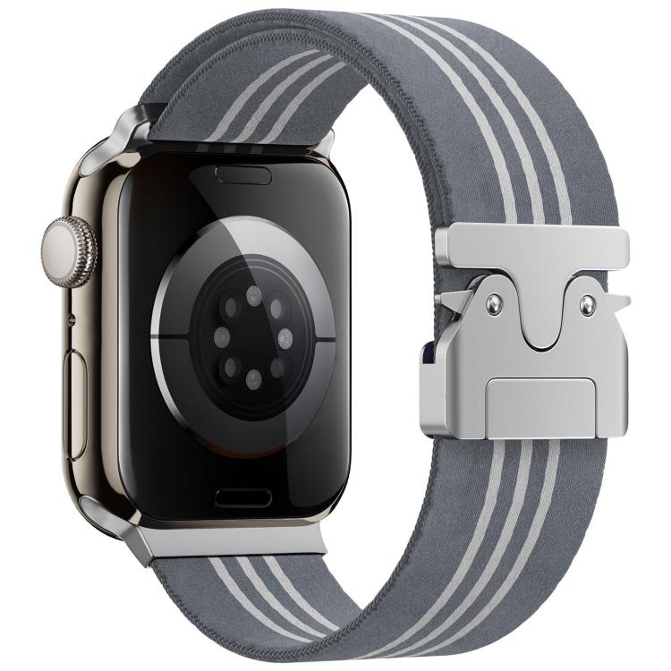 Gray and white three-stripe nylon watch band shown attached to a smartwatch