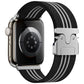 Black and white three-stripe nylon watch band shown attached to a smartwatch