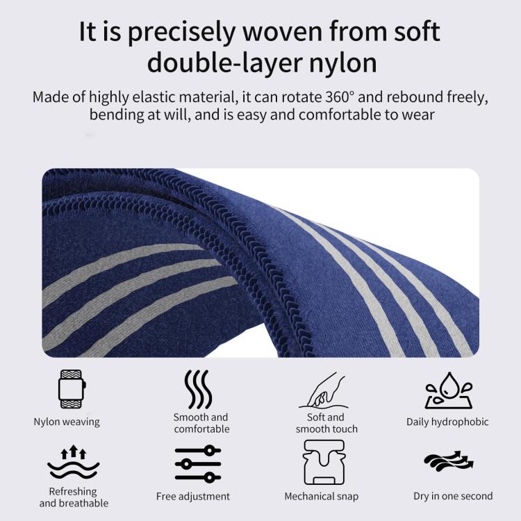 Blue and gray striped braided nylon watch band close-up showing its soft woven texture
