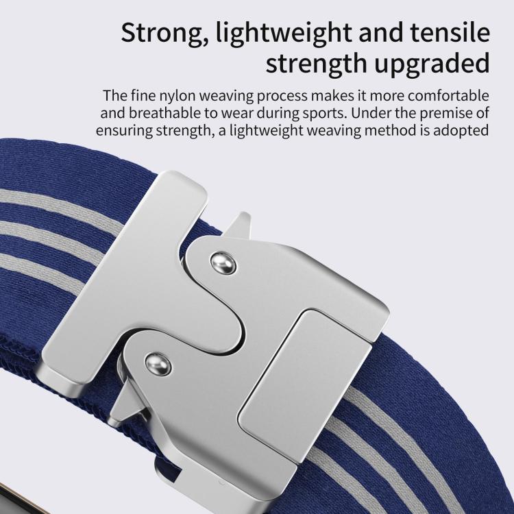 Blue striped nylon watch band with a close-up of its silver mechanical buckle