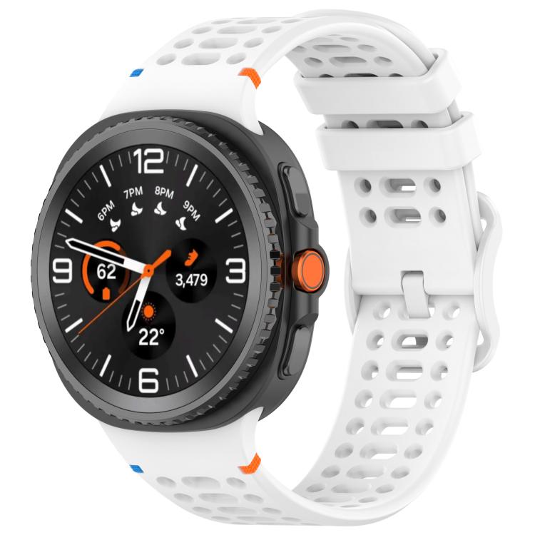 White perforated silicone watch band with a dark Galaxy smartwatch attached