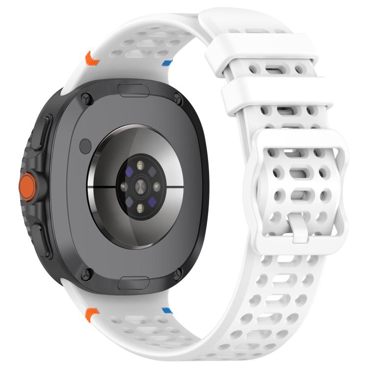 Back view of a white perforated silicone watch band fitted to a smartwatch