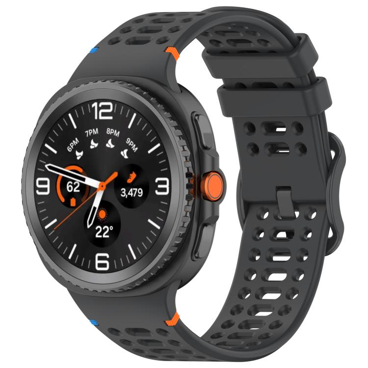 Dark gray perforated silicone watch band with a dark Galaxy smartwatch attached