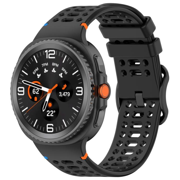 Black perforated silicone watch band with a dark Galaxy smartwatch attached