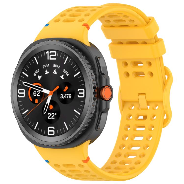xDfind silicone watch band in yellow with perforated strap and ladder buckle, shown on a smartwatch