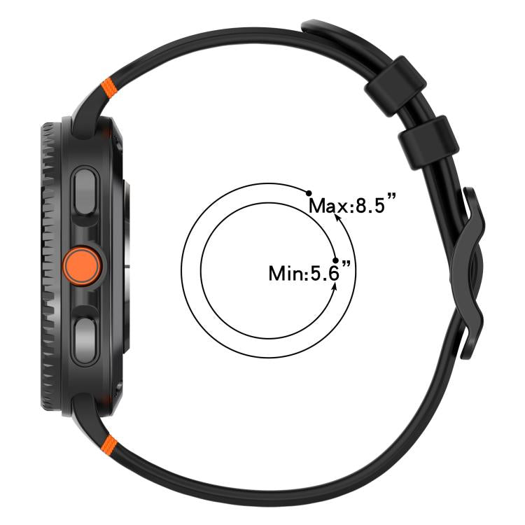 xDfind silicone watch band shown attached to a watch, with wrist fit range from 5.6 to 8.5 inches