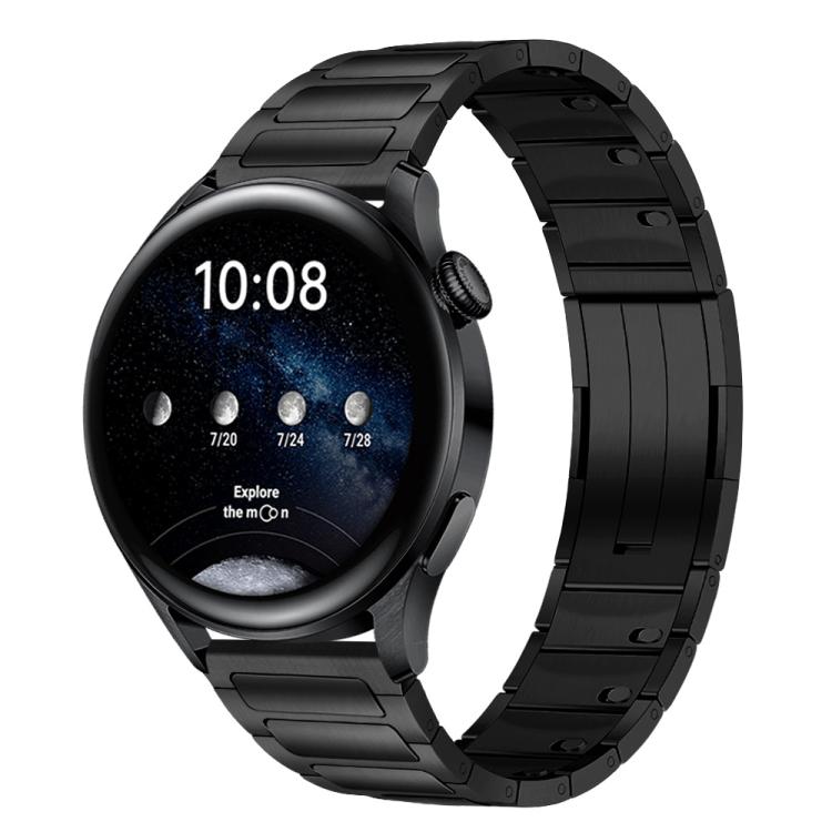 Black stainless steel watch band with linked tri-bead design, shown fitted to a round smartwatch