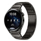 Black tri-bead stainless steel watch band fitted to a round smartwatch, front view