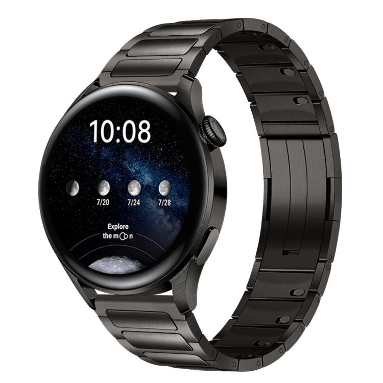 Black tri-bead stainless steel watch band fitted to a round smartwatch, front view