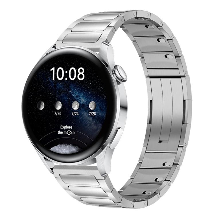 Silver tri-bead stainless steel watch band fitted to a round smartwatch