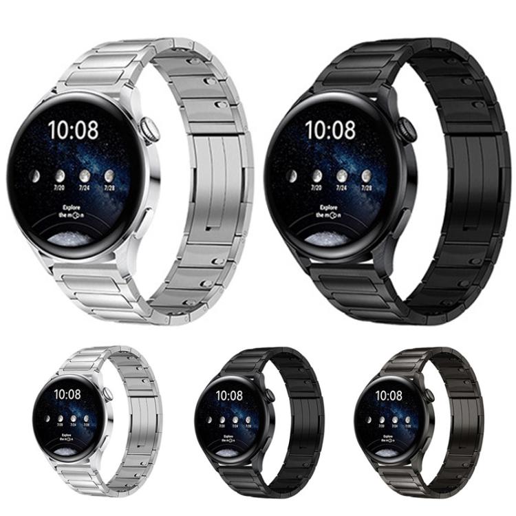 Stainless steel linked watch bands shown in silver, black, and titanium gray