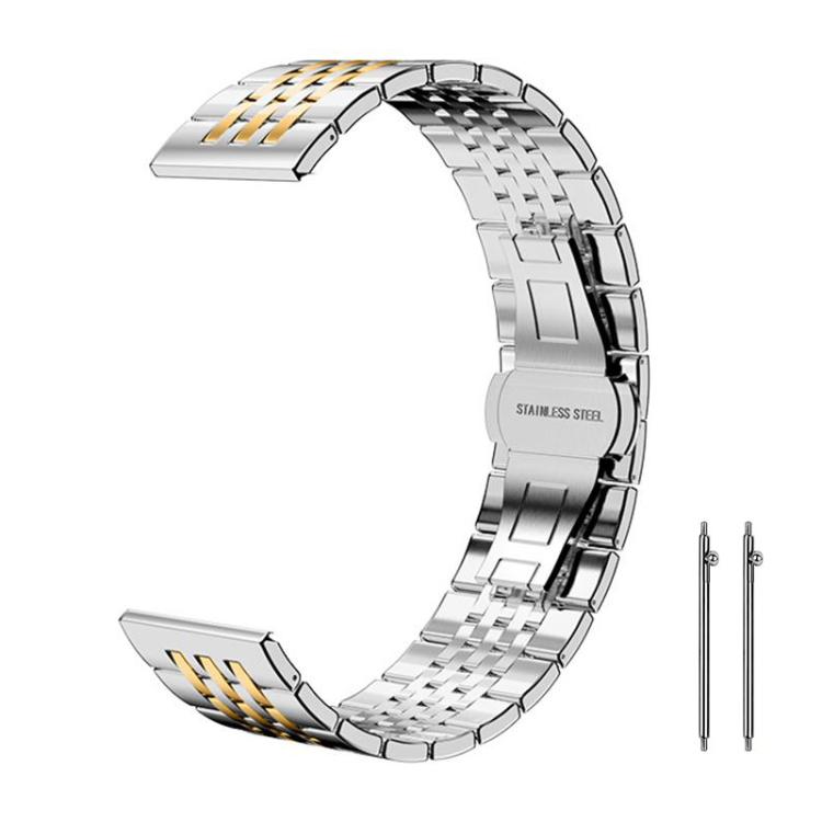 Silver stainless steel watch band with gold link accents and two spring bars.