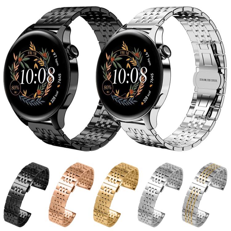 Seven-bead stainless steel watch band shown in black, silver, rose gold, gold, and two-tone finishes