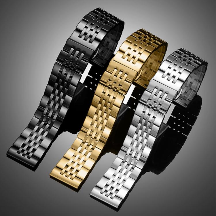 Seven-bead stainless steel watch bands in black, gold, and silver