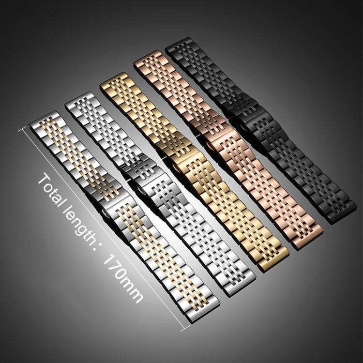 Seven-bead stainless steel watch bands in two-tone, silver, gold, rose gold, and black