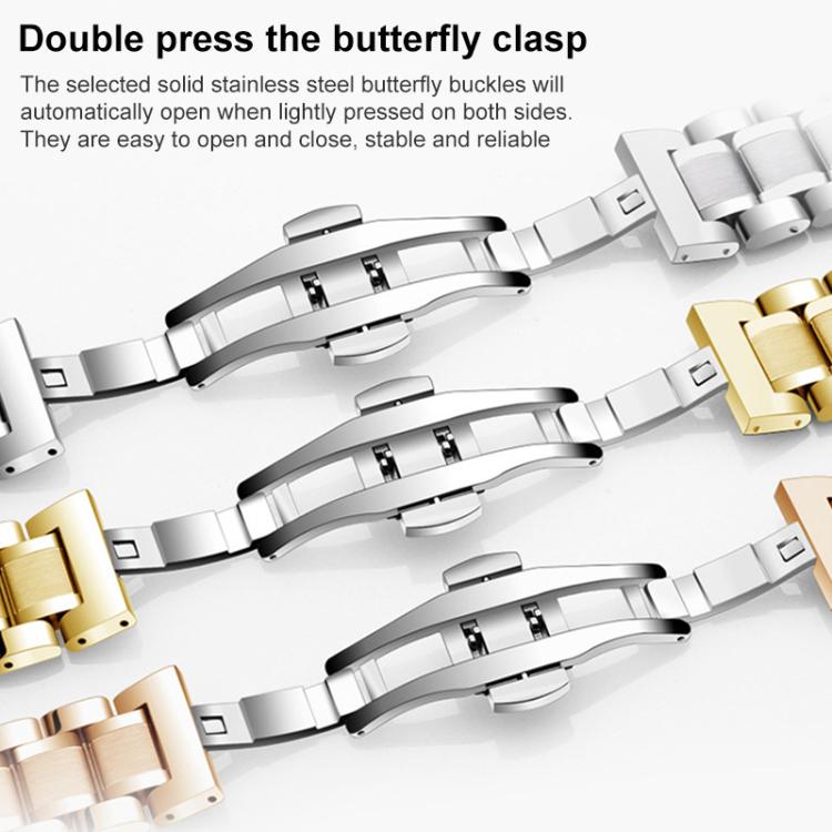 xDfind Five-bead Solid Stainless Steel Butterfly Buckle Watch Band, 14mm, 18mm, 20mm, 22mm