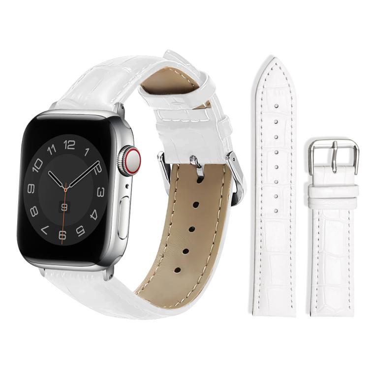 White textured leather Apple Watch band with cream stitching and silver pin buckle.
