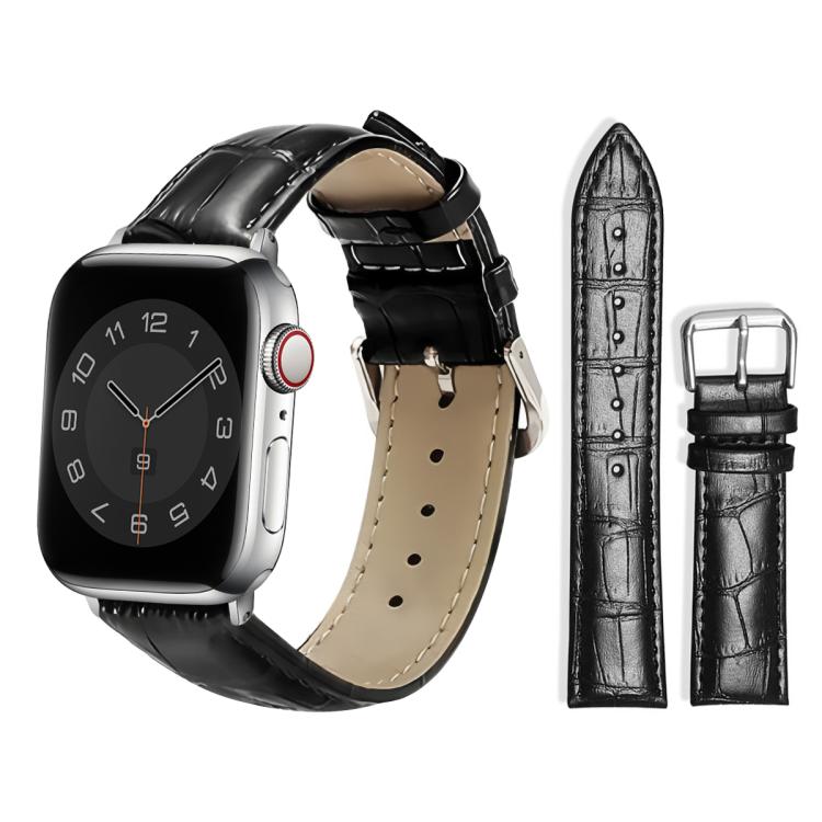 Black textured leather Apple Watch band with cream stitching and silver pin buckle.