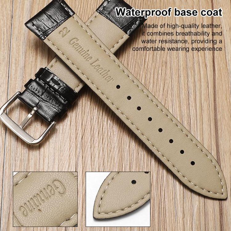 Black leather watch band underside with beige lining, stitched edges, and adjustment holes.