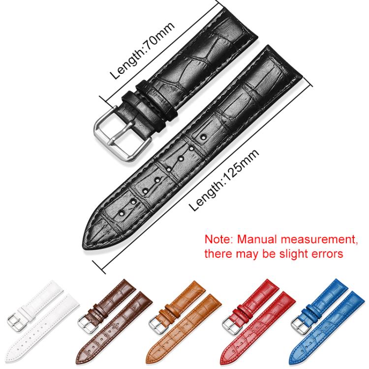 Black leather watch band pieces with pin buckle, adjustment holes, and length markings.