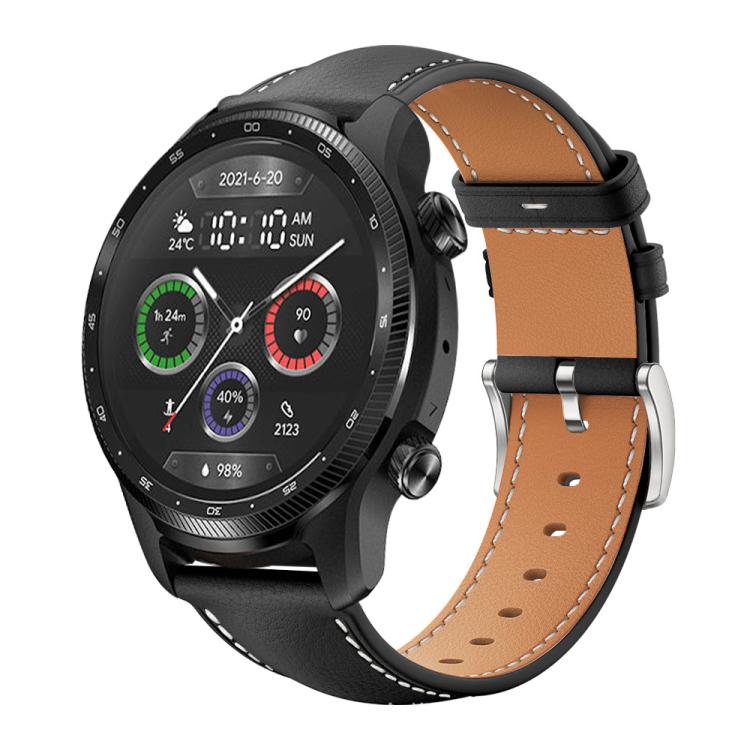xDfind Flat Head Black Shark Fine Grain Leather Watch Band, 20mm For Ticwatch GTH / E3 / E / 2, 22mm For Ticwatch Pro X / Pro3 / Pro / GTX / E2