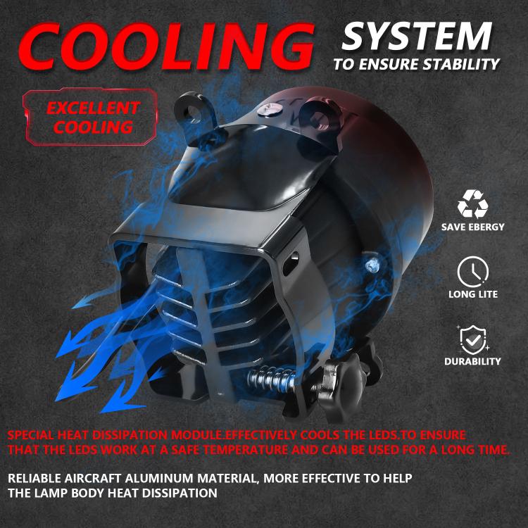 Black dual-lens fog light projector with cooling heat-dissipation fins