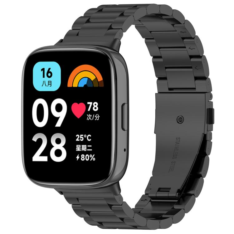 Black titanium alloy watch band with flat links and clasp, fitted to a square smartwatch