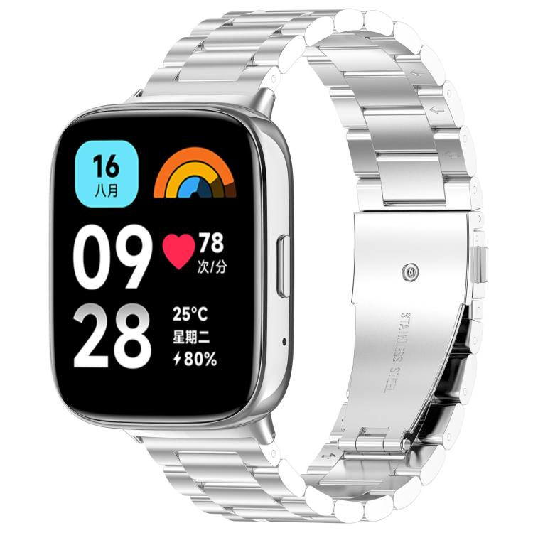 Silver titanium alloy watch band with flat links and clasp, fitted to a square smartwatch