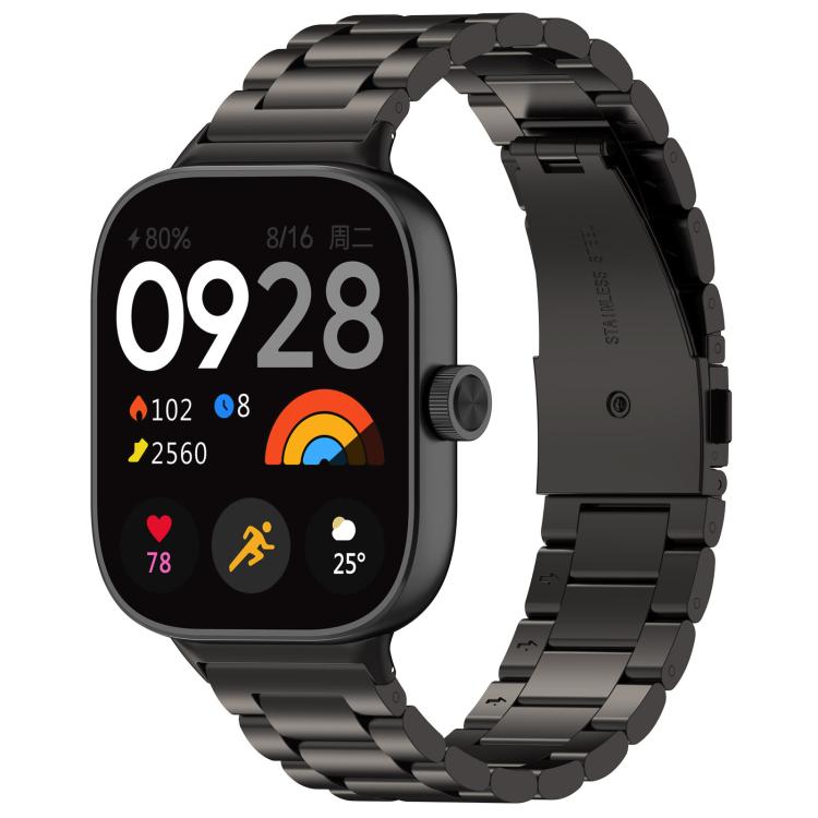 Black titanium alloy watch band with flat links and clasp, fitted to a square smartwatch