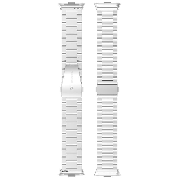 Silver titanium alloy watch band with flat links, shown from both sides