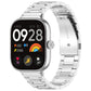 Silver titanium alloy watch band with flat links and clasp, fitted to a square smartwatch