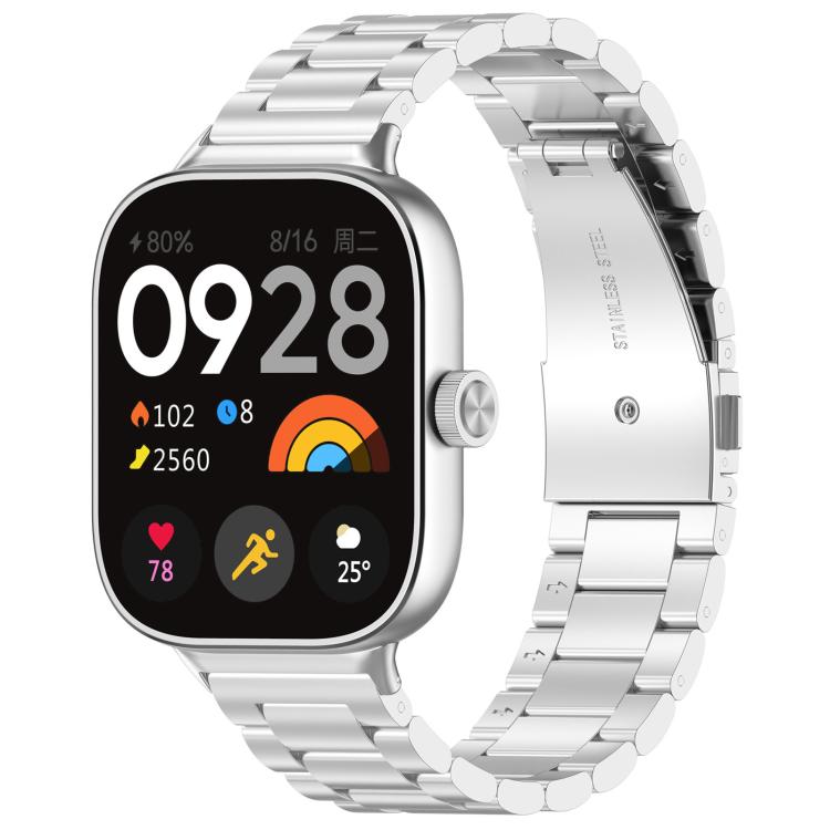Silver titanium alloy watch band with flat links and clasp, fitted to a square smartwatch