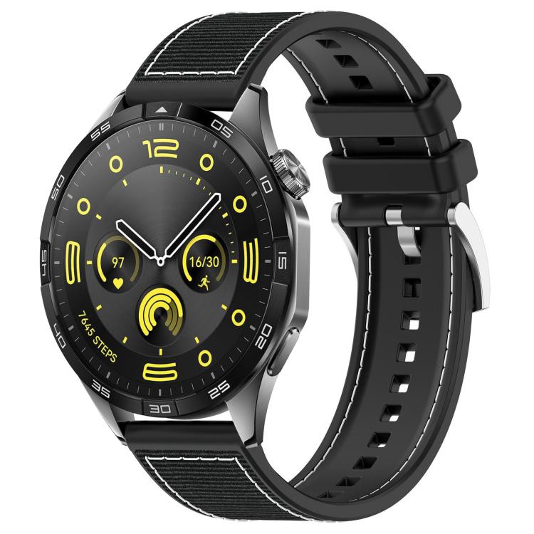 Black hybrid nylon-braid and silicone watch band attached to a black smartwatch