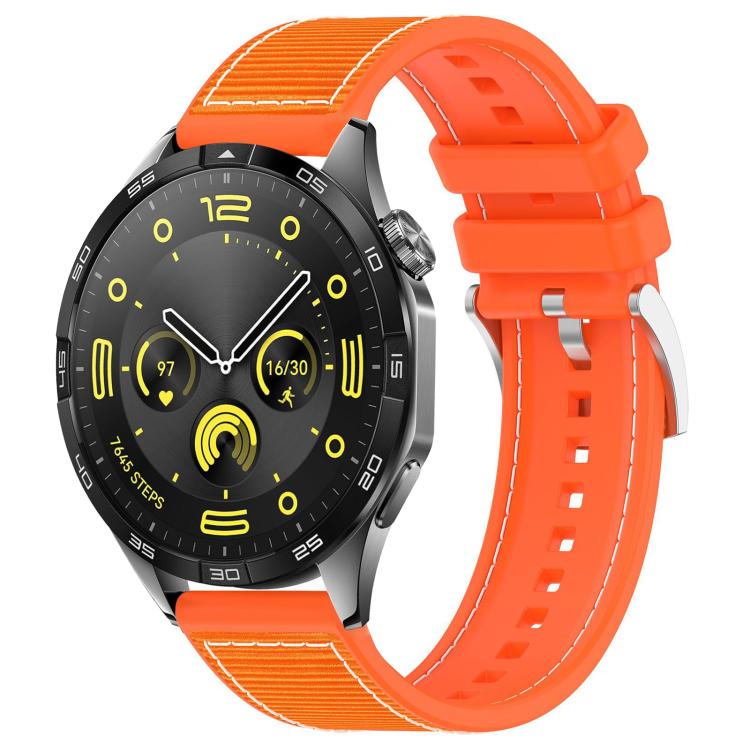 Orange hybrid nylon-braid and silicone watch band attached to a black smartwatch