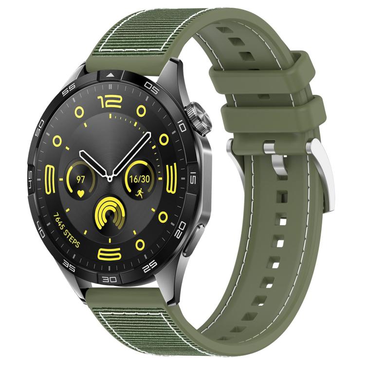 Olive green hybrid nylon-braid and silicone watch band attached to a black smartwatch
