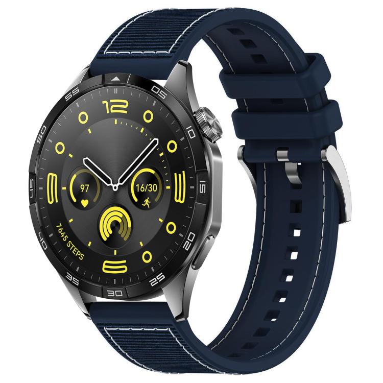 Midnight blue hybrid nylon-braid and silicone watch band attached to a black smartwatch
