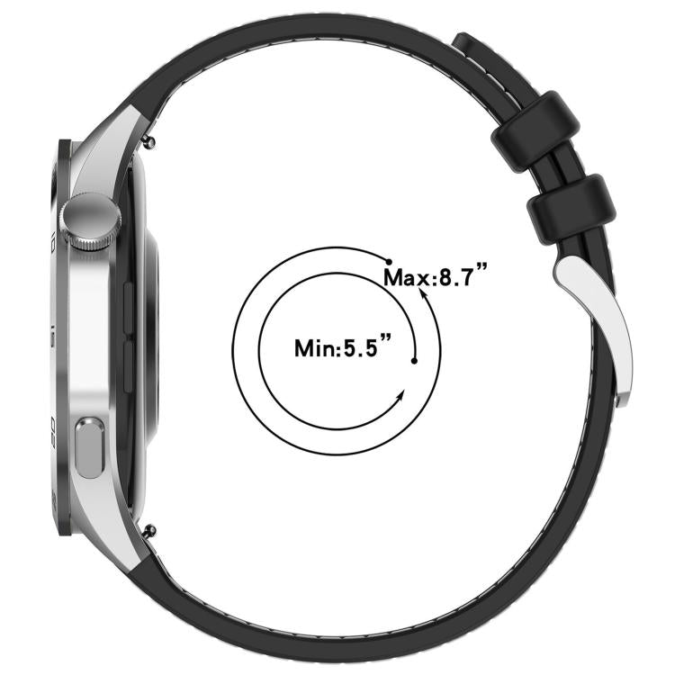 Black hybrid watch band fitted to a watch, with wrist circumference range of 5.5 to 8.7 inches.