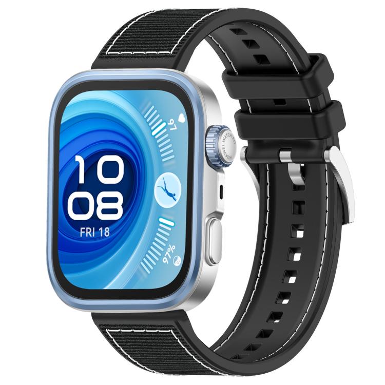 Black hybrid nylon and silicone watch band with adjustable holes, shown on a square smartwatch.