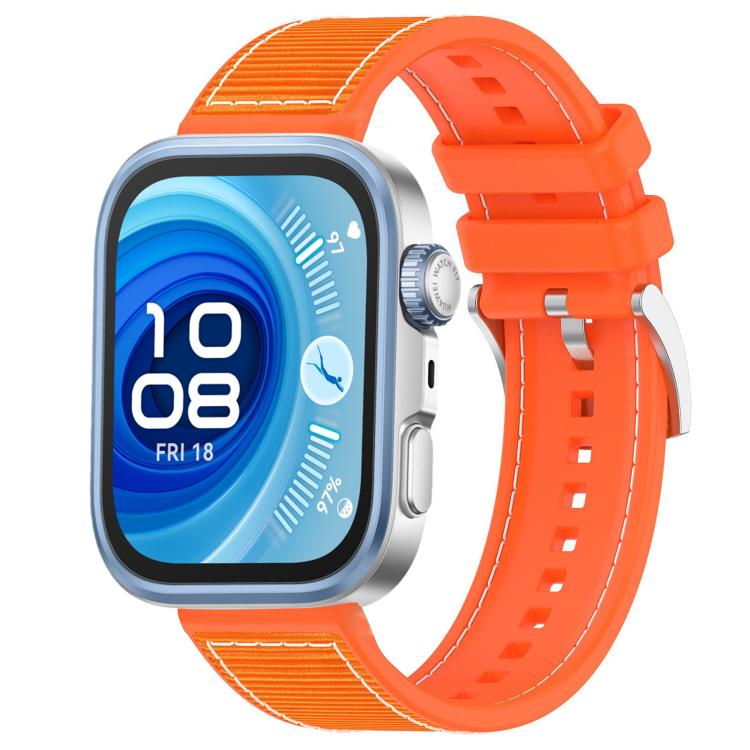 Bright orange hybrid nylon and silicone watch band with adjustable holes, shown on a square smartwatch.