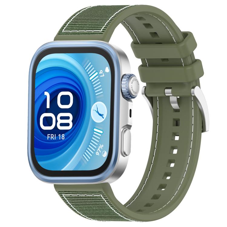 Olive green hybrid nylon and silicone watch band with adjustable holes, shown on a square smartwatch.
